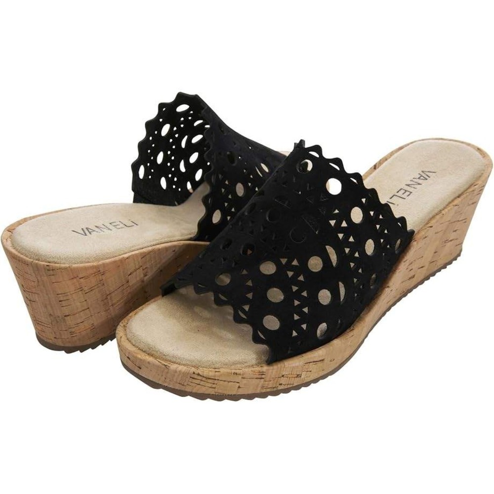 Vaneli Womens Black Suede Laser Cut Cork Wedge Slide Sandals Size 10